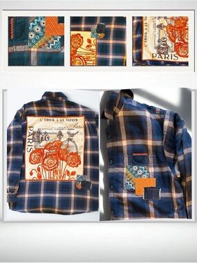 🎨 One-of-a-Kind Upcycled Paris Patchwork Flannel Shacket - Hand-Stitched